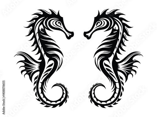 Minimalist seahorse design of silhouette black and white vector illustration on white background 