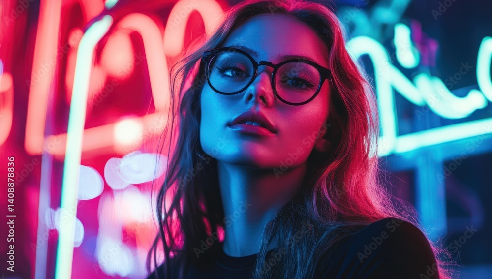 Neon Nights: A Portrait of a Woman in Vibrant Light Neon Nights: A Portrait of a Woman in Vibrant Light