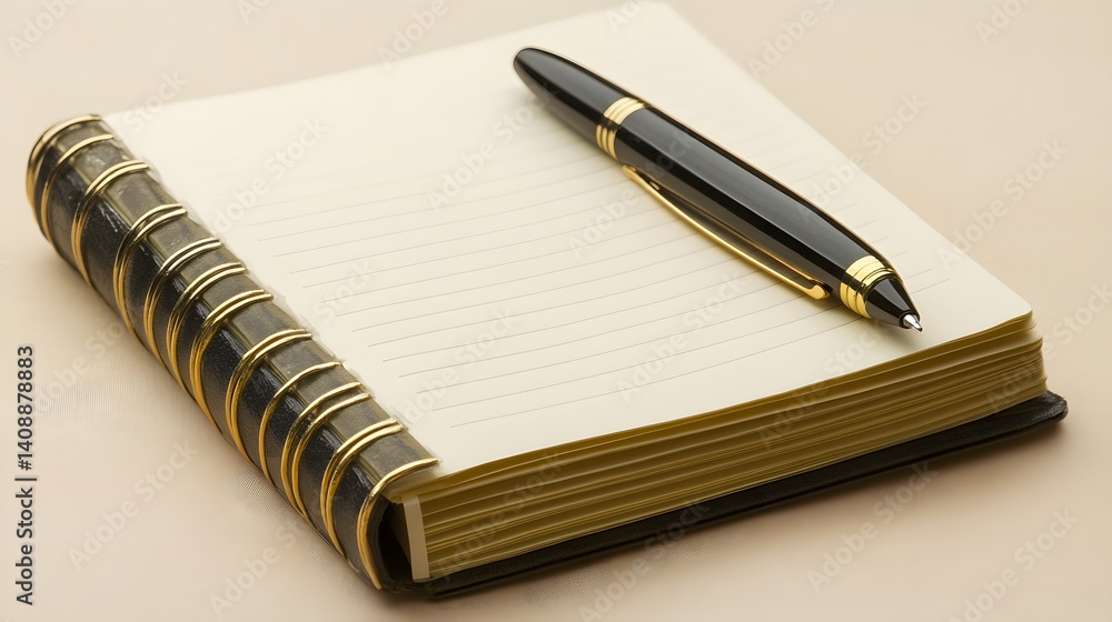 Elegant Notebook with Gold Trim and Black Pen Elegant Notebook with Gold Trim and Black Pen