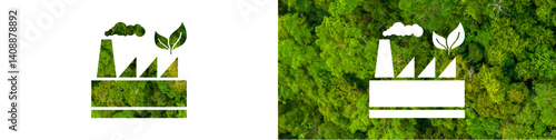 Eco industry icon vector combining factory and leaf symbols. Represents green production, sustainability, and renewable industry. Ideal for environment, energy, and innovation concepts.