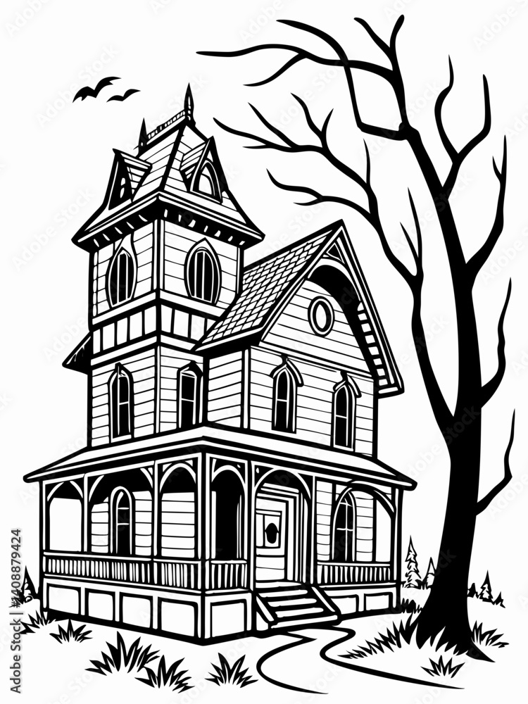 Spooky Haunted House Vector Illustration With Old Tree Silhouette For Halloween Design And Decoration Spooky Haunted House Vector Illustration With Old Tree Silhouette For Halloween Design And Decoration