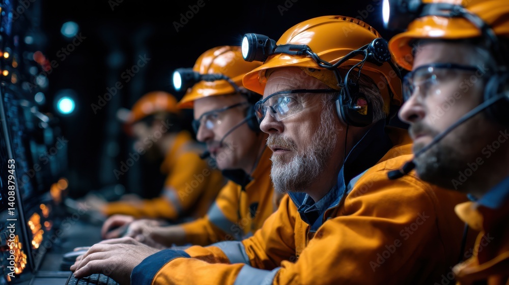 Fototapeta premium A group of men in orange safety gear are working on a computer