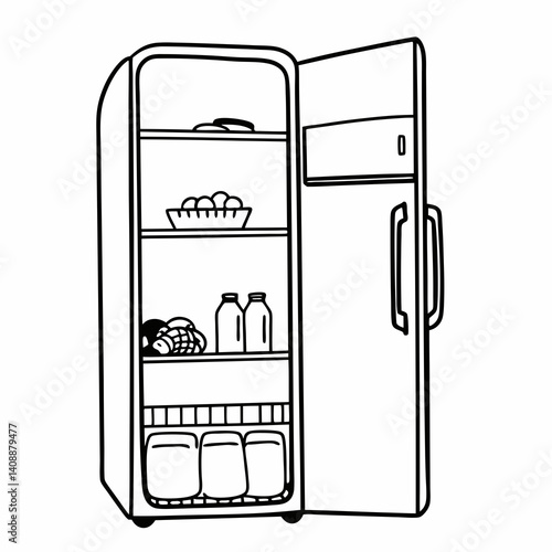 Outlined Refrigerator With Food Products Fresh Eggs Bottles And Jars Home Appliance Full Of Groceries Cold Storage For Kitchen