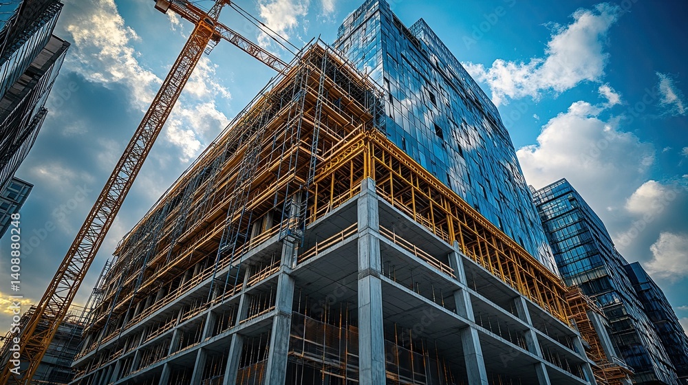 Wide-angle view of large commercial building under construction with scaffolding and cranes. Wide-angle view of large commercial building under construction with scaffolding and cranes.