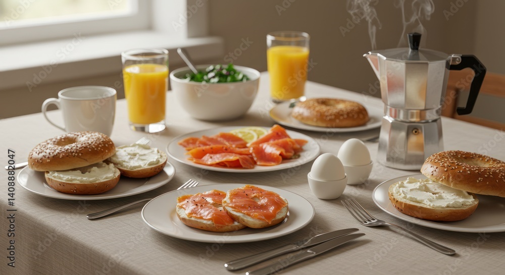 Breakfast table with bagels eggs juice and coffee near a window. Breakfast table with bagels eggs juice and coffee near a window.