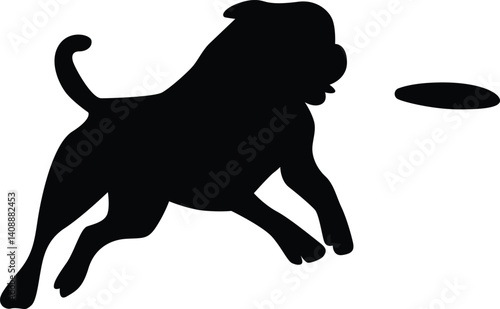 Dog catch frisbee silhouette of jumping pet, Puppy play with disc 