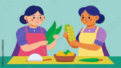 Aunts teasing each other over who makes the best tamales each claiming their own recipe is the most delicious.. Vector illustration