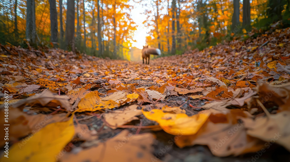 Autumn Trail with Colorful Leaves and Lone Dog Walking Through a Forest in Golden Light Autumn Trail with Colorful Leaves and Lone Dog Walking Through a Forest in Golden Light