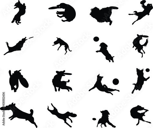 Set of Dog catch frisbee silhouette of jumping pet, Puppy play with disc 