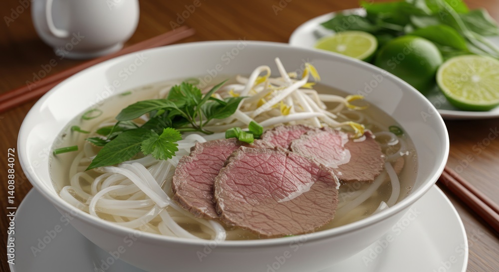 Bowl of soup with meat noodles and herbs on a wooden surface. Bowl of soup with meat noodles and herbs on a wooden surface.