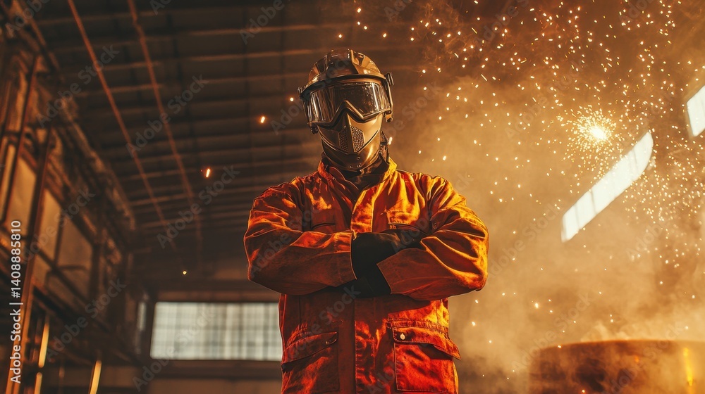 Welder with Protective Gear Amidst Flying Sparks