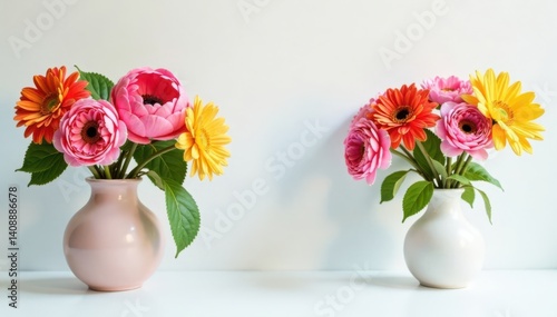 Wallpaper Mural Colorful blooms in vases scattered on a pristine white surface , arrangement, vase Torontodigital.ca