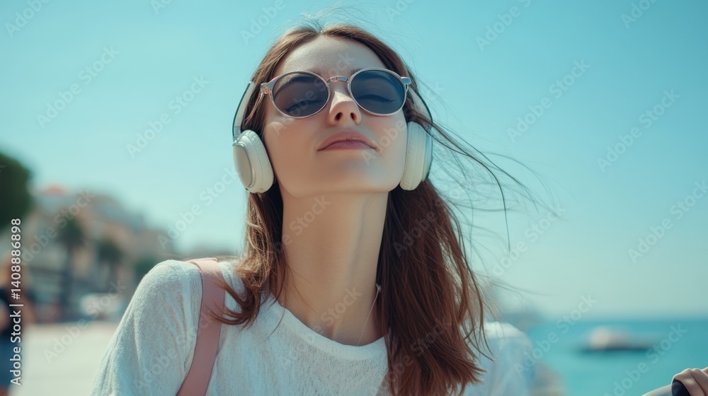 Relaxed Woman with Sunglasses Listening to Music by the Sea