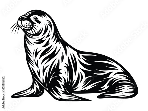 Minimalist sea lion design of silhouette black and white vector illustration on white background