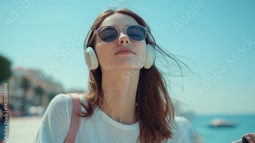 Obraz na płótnie Relaxed Woman with Sunglasses Listening to Music by the Sea w salonie