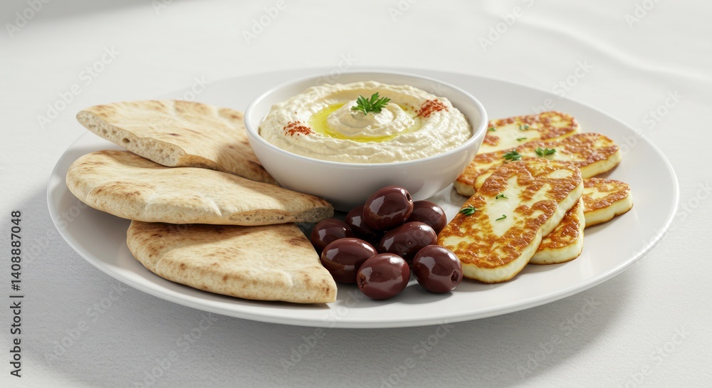 Plate with hummus pita bread fried cheese and olives on white surface. Plate with hummus pita bread fried cheese and olives on white surface.
