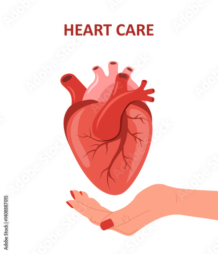Heart care. Female hand hold human heart. Cardiology and circulatory system diseases. Vector illustration in flat cartoon style.