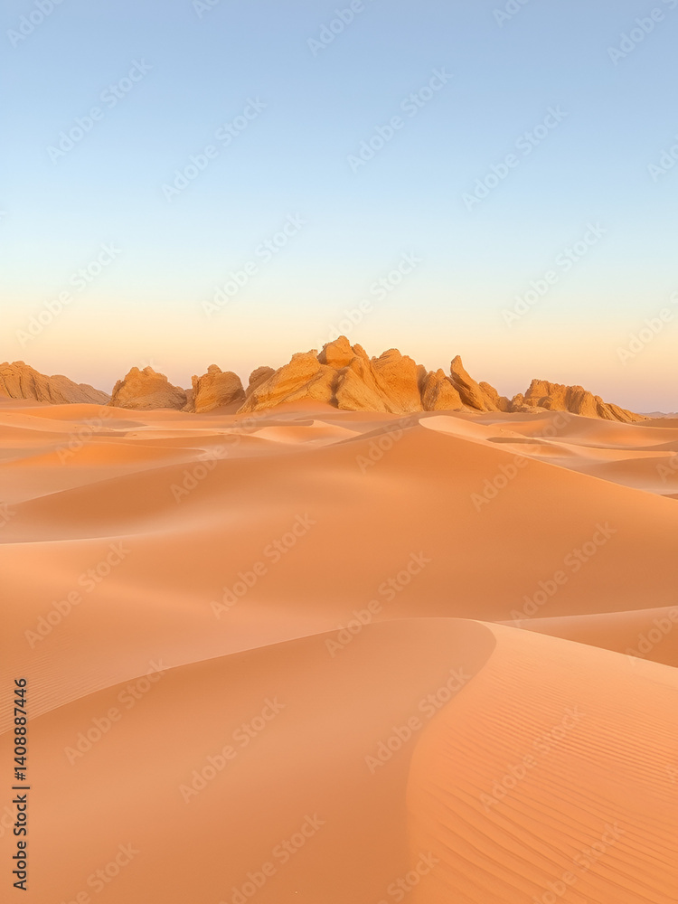 Naklejka premium Desert landscape with sandy dunes and beige rocky outcrops at dusk, golden, yellow, dune. Dune. Illustration