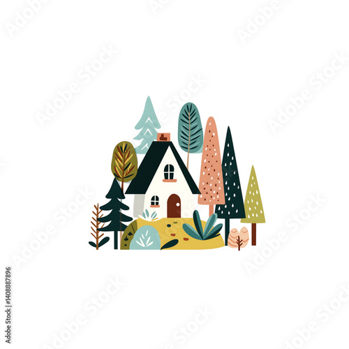 Whimsical Cottage in Nature - Vibrant Forest Illustration with Green Trees and Peaceful Rural Scenery