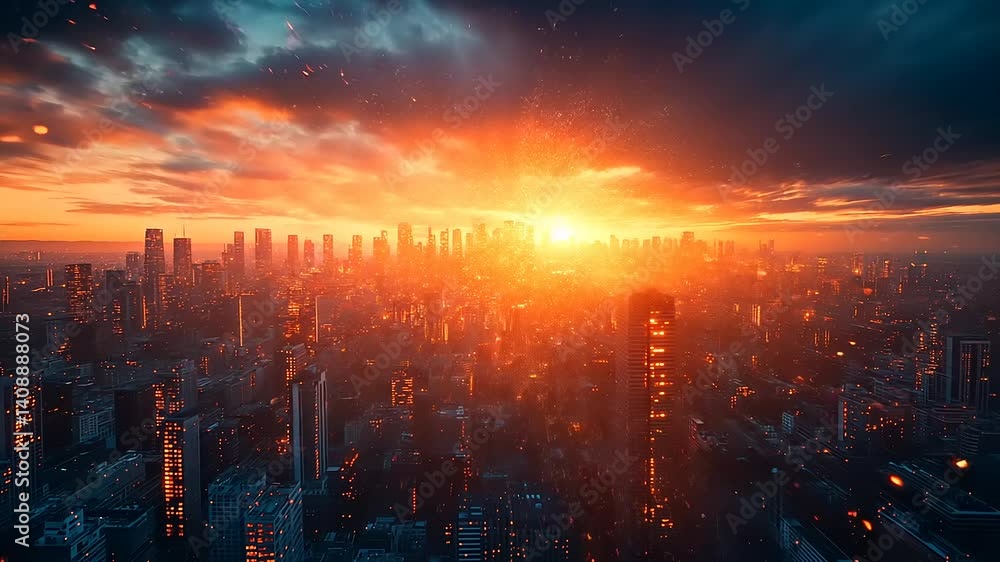 Stunning sunset over a bustling city skyline with vibrant colors and dramatic clouds Stunning sunset over a bustling city skyline with vibrant colors and dramatic clouds