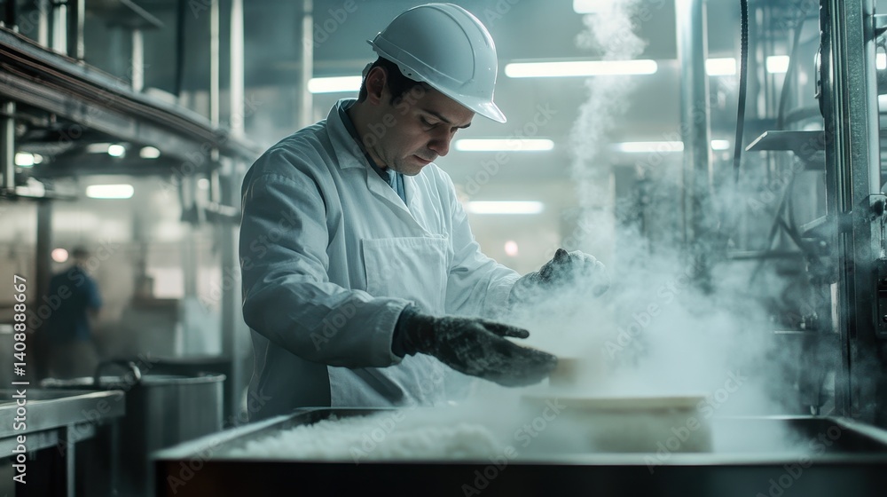 Factory Worker with Steam in Industrial Setting