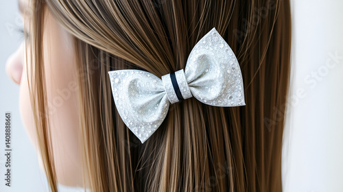 Medium close-up shot of a young stylish European girl with a cambered hair clip in her long straight hair. The hairpin is made of white glazy material in the form of a bow-knot with a black stripe.