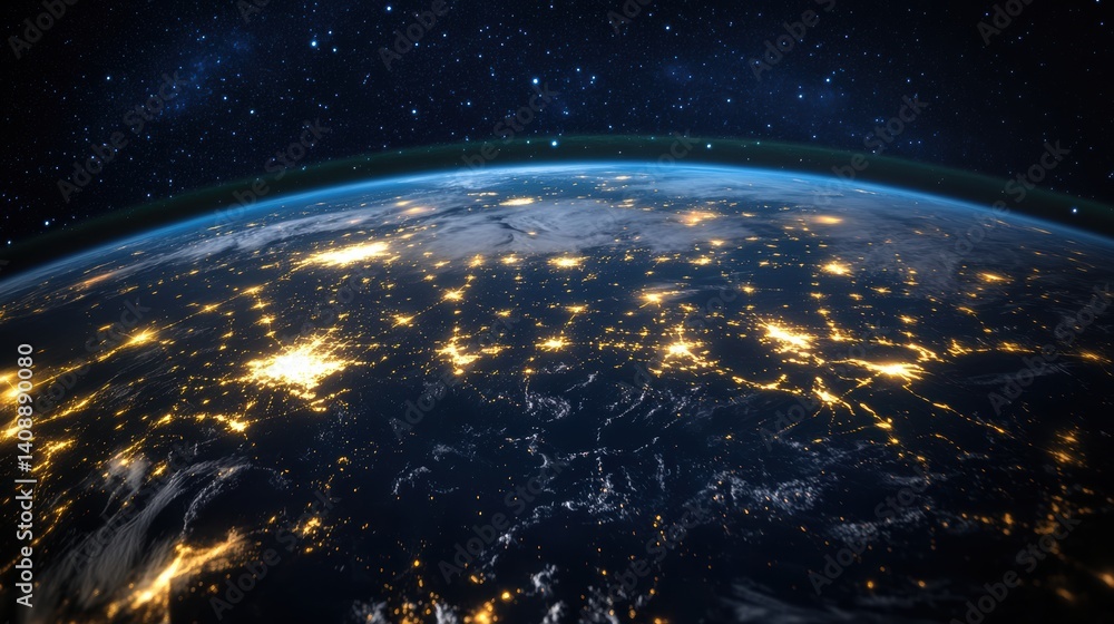 Brilliant illuminated view of the world showing energy networks overlaid on a dark starry background : Generative AI. Brilliant illuminated view of the world showing energy networks overlaid on a dark starry background : Generative AI.