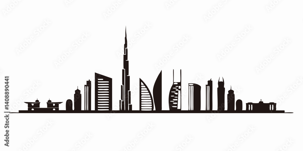 Fototapeta premium Black and White Dubai Skyline Silhouette – Iconic Cityscape Illustration