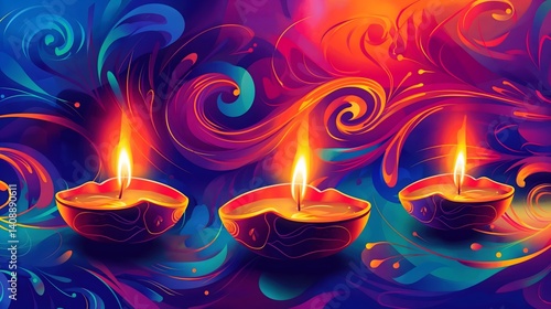 Diwali Diya Lamps with Abstract Background