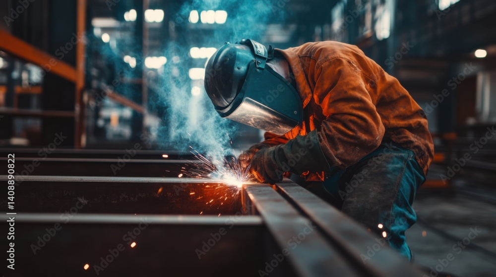 A construction worker welding steel frames for a building. Featuring welding and steelwork A construction worker welding steel frames for a building. Featuring welding and steelwork