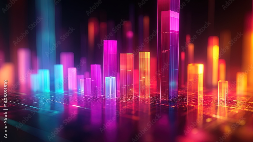 A glowing 3D bar chart showing progress in eco-waste reduction, surrounded by vibrant colors A glowing 3D bar chart showing progress in eco-waste reduction, surrounded by vibrant colors