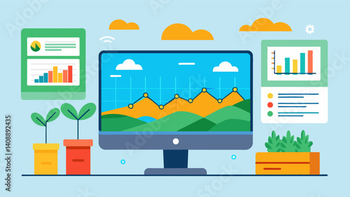 Realtime updates on market prices are displayed on a large screen in the farms office allowing farmers to adjust their sales strategies accordingly for optimal profitability.. Vector illustration
