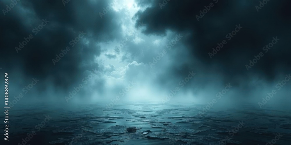 Fototapeta premium Dramatic Dark Clouds over Foggy Sea Mystical Landscape