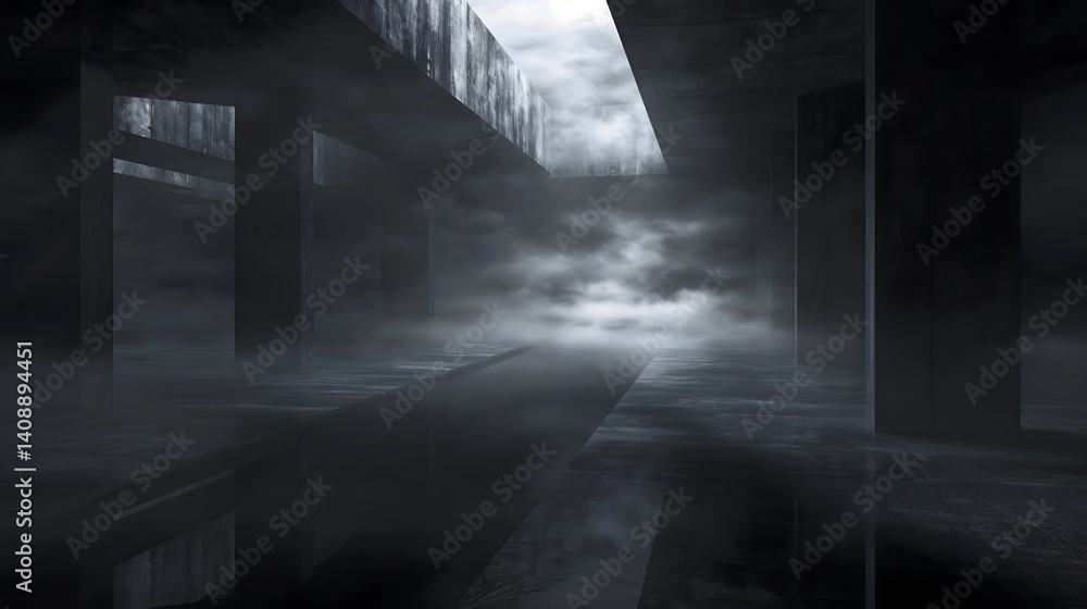 Foggy Industrial Concrete Corridor