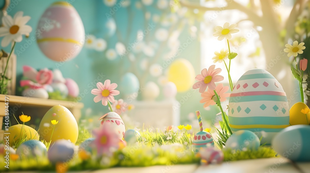 Easter Eggs and Flowers in a Spring Garden
