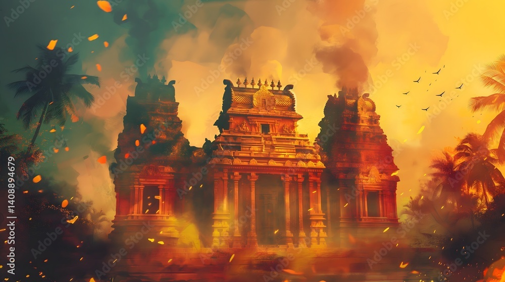 Ancient Temple in a Fiery Sunset