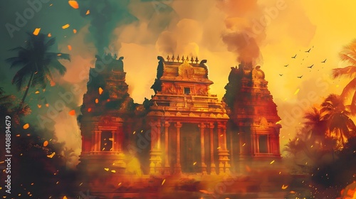 Obraz na płótnie Ancient Temple in a Fiery Sunset w salonie