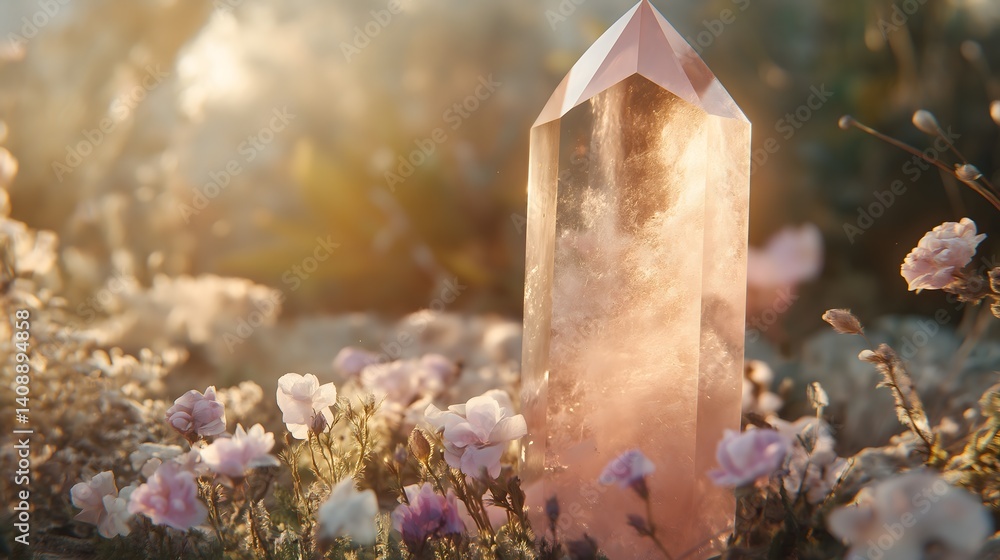 Rose Quartz Crystal and Flowers