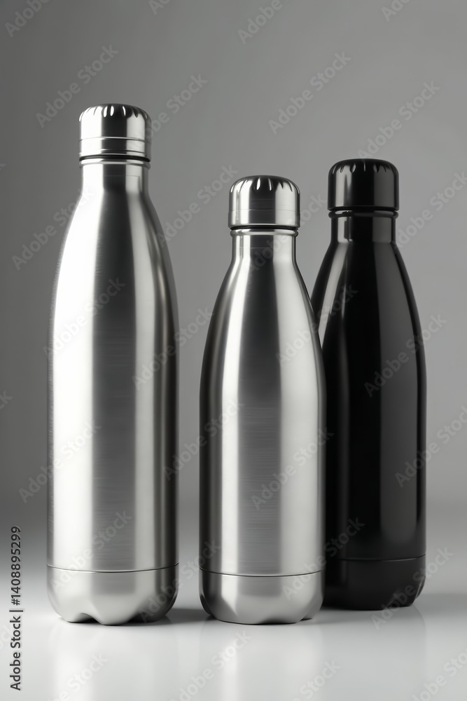 Collection of sleek steel water bottles in black and white, outdoor, set, isolated Collection of sleek steel water bottles in black and white, outdoor, set, isolated