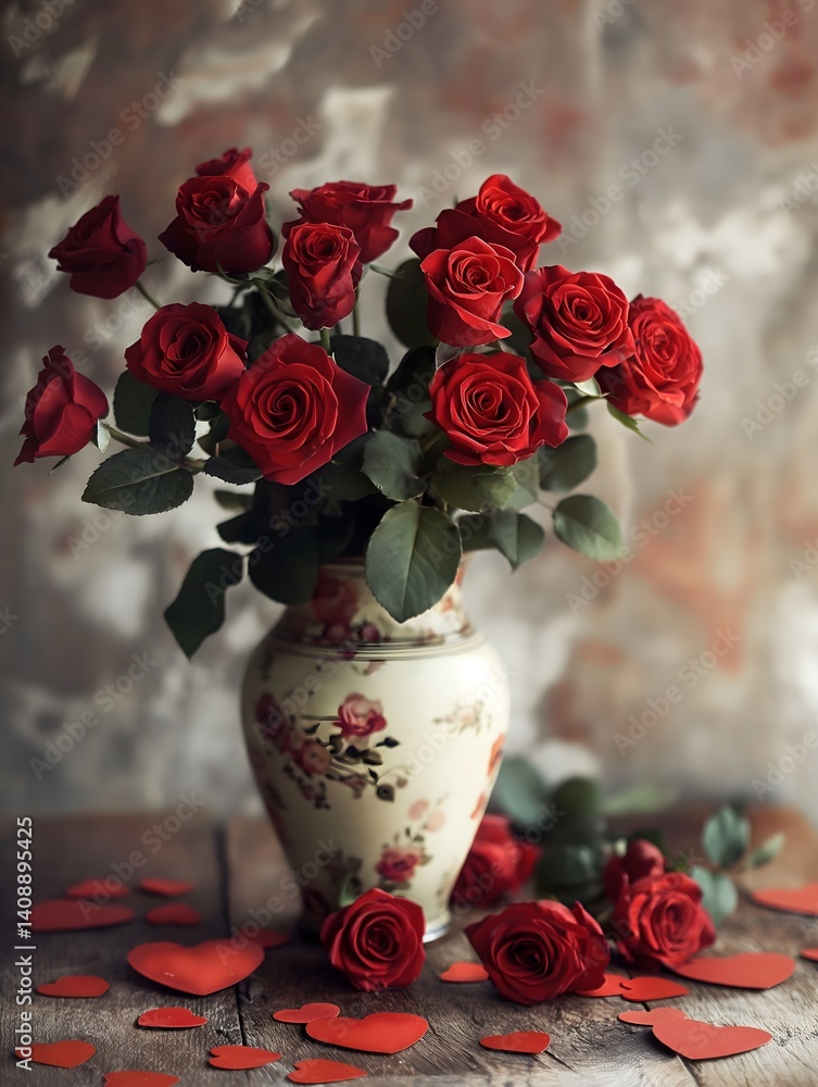 Red Roses in Vase with Hearts