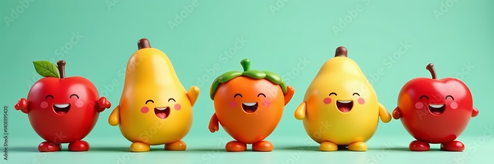 Collection of smiling fruit-themed toys in various poses and expressions, play, food, toys
