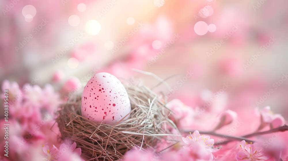Pink Easter Egg in a Nest with Blossoms