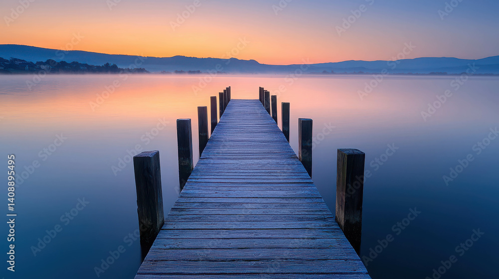 Fototapeta premium Tranquil Sunrise Over Wooden Dock Stretching Into Calm Water at Dawn
