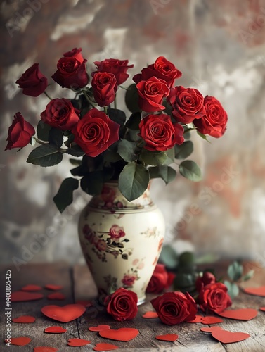 Obraz na płótnie Red Roses in Vase with Hearts w salonie