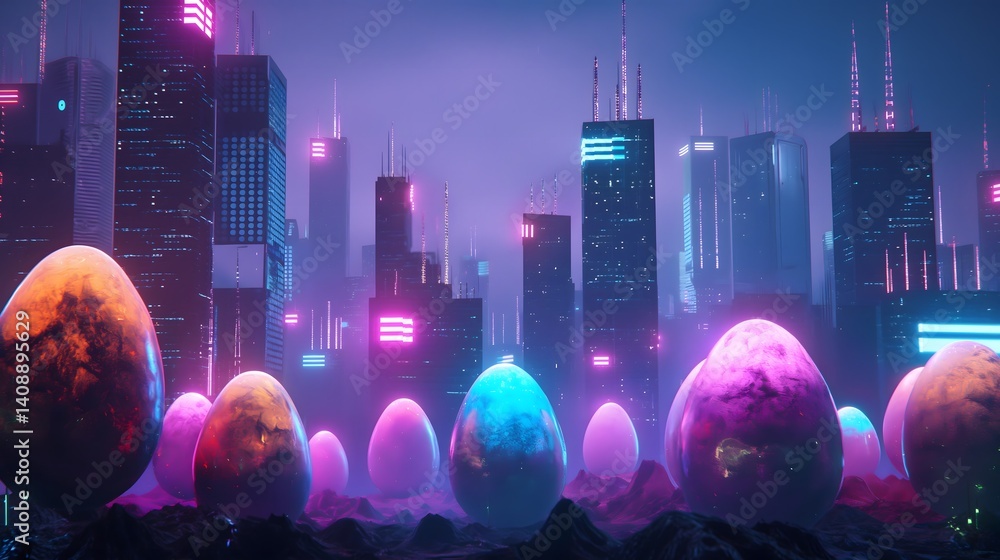 Futuristic Cityscape with Cosmic Eggs