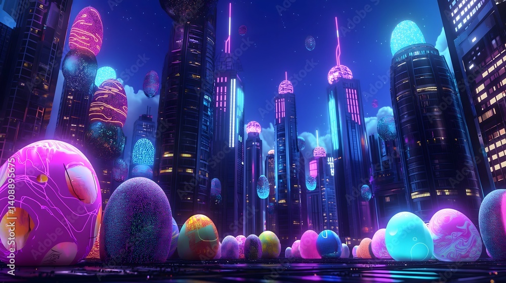 Futuristic Cityscape with Neon Easter Eggs