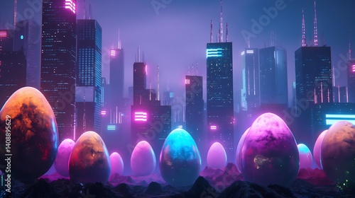 Obraz na płótnie Futuristic Cityscape with Cosmic Eggs w salonie