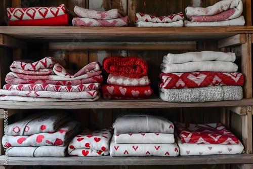 Cozy Winter Clothing Display on Wooden Shelves