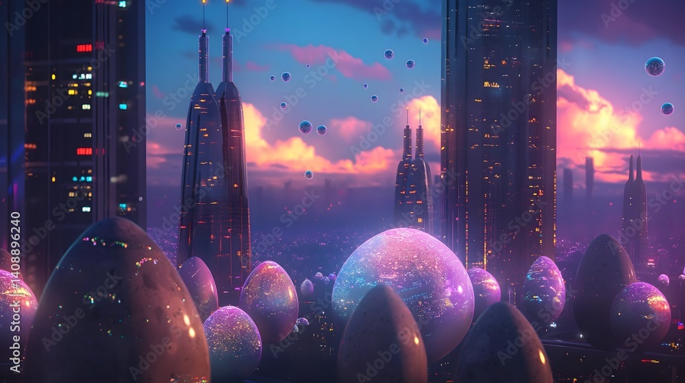 Futuristic Cityscape with Illuminated Eggs