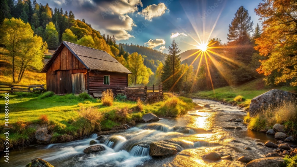 Fototapeta premium Rustic Cabin by Mountain Stream at Sunrise